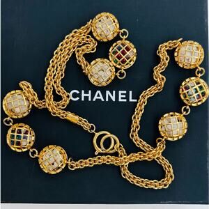 Chanel Vintage Gripoix Cage and Multicolor Bead Necklace 34" 70s 24k Gold Plated